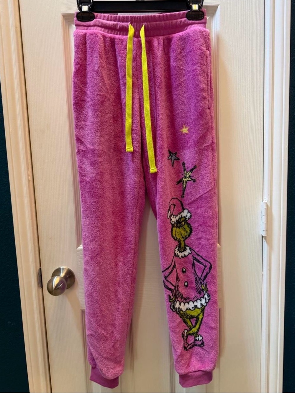 Plush Pink Grinch Joggers with Yellow Drawstring size S